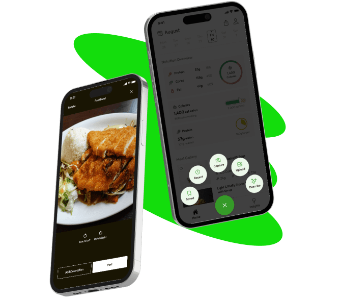 Food logging interface showing a photo of a meal and macro tracking interface