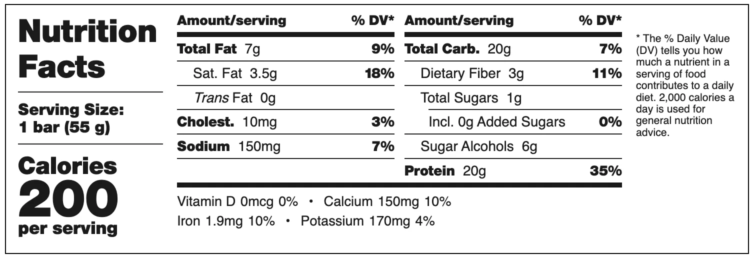 Barebells chocolate dough nutrition label